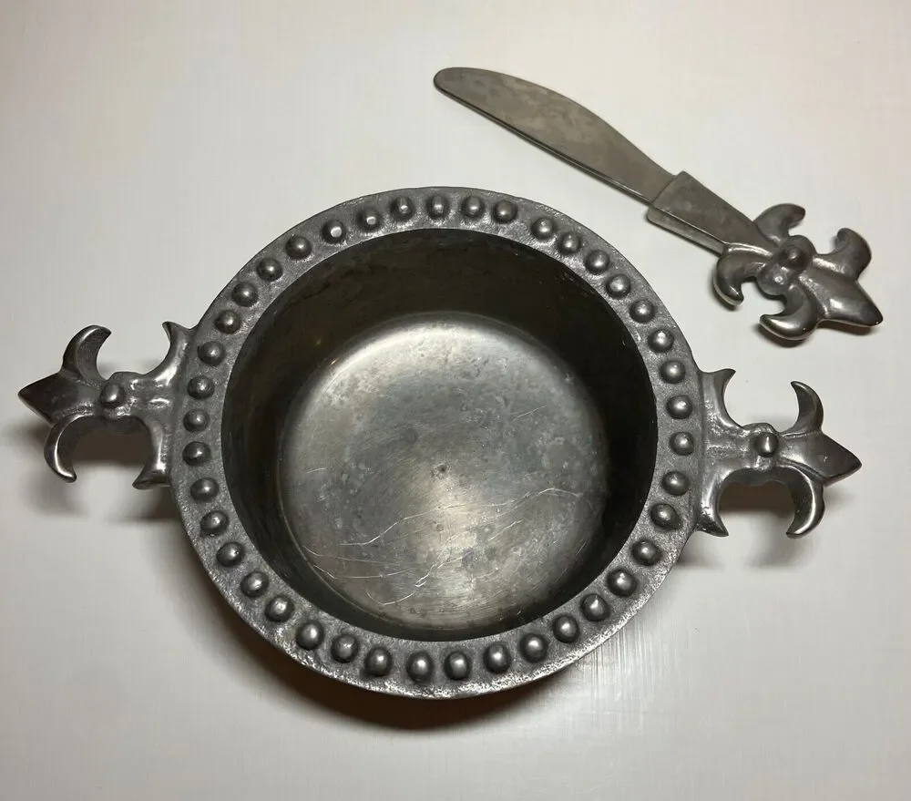 Vintage Pewter Fleur-De-Lis Cheese Dip Bowl & Spreader Knife Set